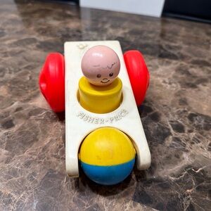 Vintage 1975 Fisher Price Click Clack Roller Toy w Peg Figure Red Wheels
